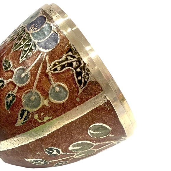 Enameled Cloisonne Brass Egg Trinket Box with Brass Stand Fruit & Flower Design. - Picture 9 of 15